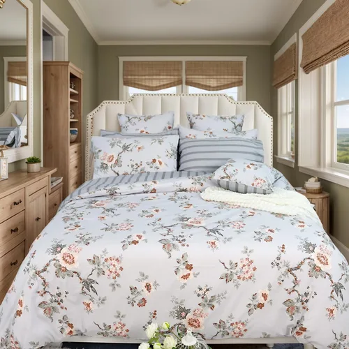 Vista 26 de FADFAY Juego de funda de edredón tamaño individual azul con flores de rosa y peonía, ropa de cama rústica con flores de peonía, juego de funda