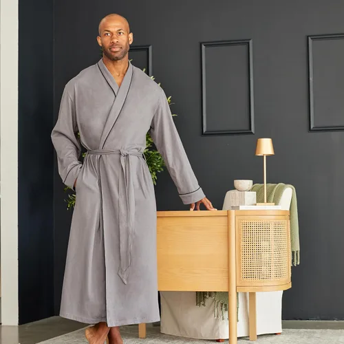 Vista 2 de Alexander Del Rossa Bata larga de punto de algodón suave para hombre con bolsillos, bata de baño