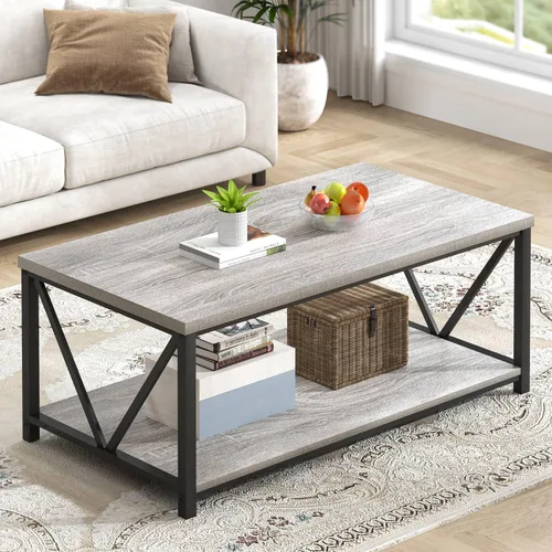 Vista 12 de FOLUBAN Mesa de centro con almacenamiento, mesas centrales pequeñas modernas para espacios pequeños, mesa de cóctel de madera rústica y metal