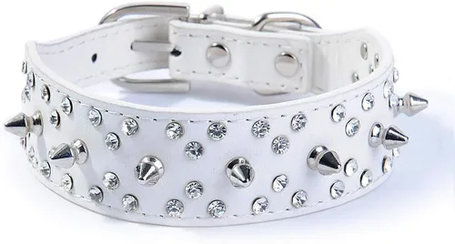 Vista 7 de Collar de perro de piel sintética con diamantes de imitación, suave y ajustable para perros medianos y grandes (S, negro)