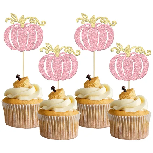 Vista 12 de Gyufise 24 piezas de decoración de cupcakes de calabaza con purpurina para temática de otoño, Acción de Gracias, Halloween, baby shower, niños