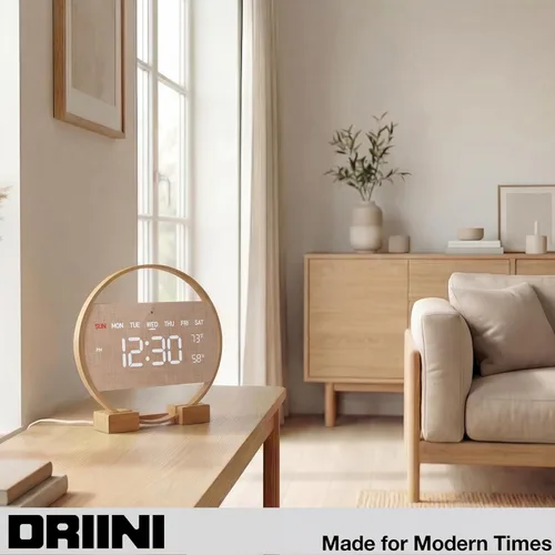 Vista 7 de Driini Reloj de pared digital grande – Reloj de pared de madera de bambú digital redondo con pantalla grande – Reloj de pared LED – Atenuación