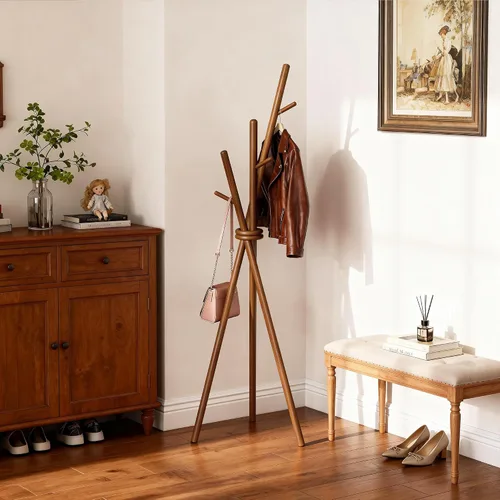 Vista 6 de VICITON Perchero de madera, trípode independiente con 3 ganchos para ropa, sombreros y bolsos, perchero para dormitorio, sala de estar, entrada