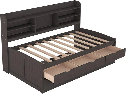 Vista 8 de Harper & Bright Designs Sofá cama de tamaño individual con estantes de almacenamiento, cajones y nido, marco de cama de esquina doble de madera