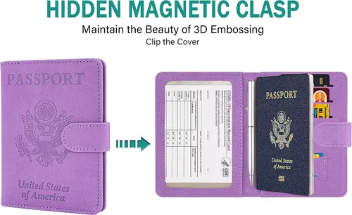 Vista 5 de Cartera de pasaporte mejorada y tarjetero de vacuna, multiusos, bloqueo RFID, cartera de cuero para pasaporte, soporte para tarjetas de vacuna CDC