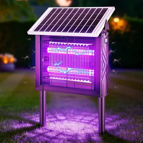 Vista 9 de 2 piezas de exterminador solar de insectos para exteriores con panel giratorio, 3000 V eléctrico matamoscas impermeable, 200 W de doble tubo