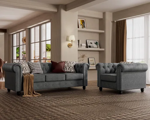 Vista 28 de Morden Fort - Juego de sillas y sofá Chesterfield clásico, con reposabrazos acolchados y patas de madera maciza, sofá cama para mascotas, cómodo