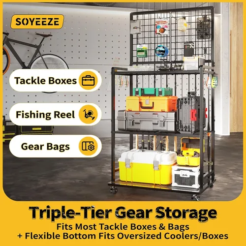Vista 6 de SOYEEZE Soportes para cañas de pescar de gran tamaño para garaje, estante para cañas de pescar de servicio pesado de 3 niveles con tablero perforado