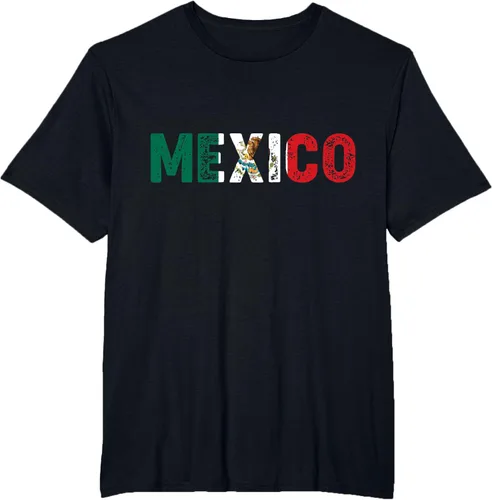 Vista 28 de Camiseta con texto en inglés «Mexico Vintage Letras» como bandera mexicana, Negro