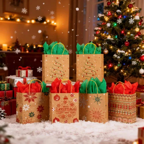 Vista 3 de 24 bolsas de regalo de papel kraft de Navidad con 24 papeles de seda, bolsas de dulces navideños de 7 x 8.6 x 3 pulgadas con asas, bolsas de dulces