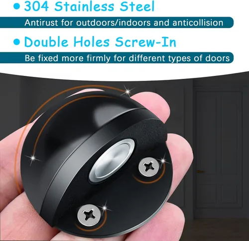 Vista 5 de Tope de puerta, tope magnético para puerta, adhesivo negro, soporte invisible de acero inoxidable, sin taladro, protector de pared, cúpula magnética