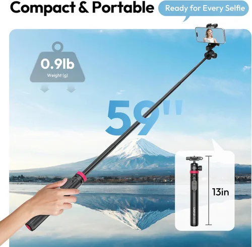 Vista 6 de ULANZI 0.01s Auto Pop - Trípode abierto para teléfono con control remoto, MT44B 59 pulgadas Selfie Stick trípode con doble montaje para teléfono
