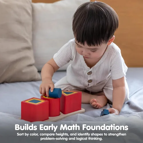 Vista 6 de PlanToys Juego de juguetes de madera para niños a partir de 3 años Montessori apilamiento y reconocimiento de formas para conciencia espacial