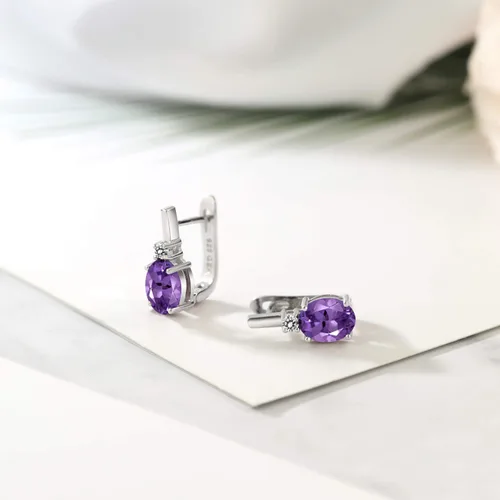 Vista 4 de Gem Stone King Aretes de plata de ley 925 con amatista púrpura y diamantes blancos para mujer
