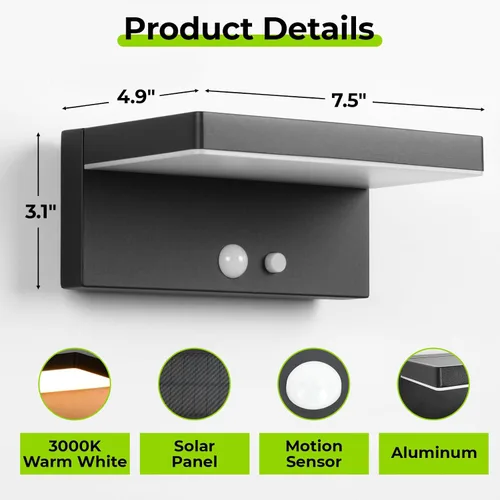 Vista 4 de Luces Solares con Sensor de Movimiento para Exteriores, 2 Unidades - 600 Lúmenes, 3 Modos, IP44, Impermeables, Luz de Pared Solar de Aluminio