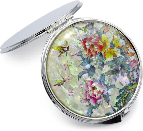 Vista 3 de MADDesign - Espejo de maquillaje compacto de madDesign con diseño de nácar y aumentar las flores de mariposa, rosa y amarillo Espejo redondo