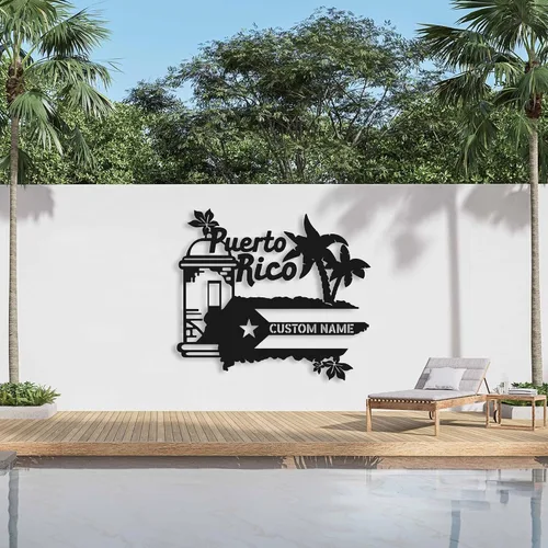 Vista 3 de Arte de pared de metal con bandera de Puerto Rico personalizado, luz LED, letrero de nombre personalizado para amantes de Puerto Rico, decoración