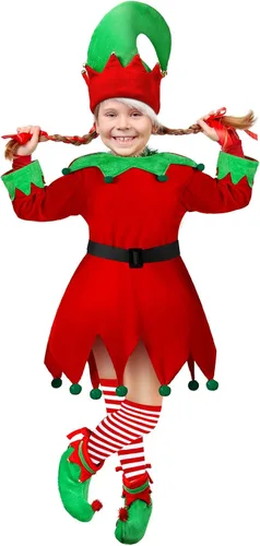 Vista 6 de Syhood 4Pcs Girl Christmas Elf Costume Santa's Helper Costume Elf Outfit Dress with Elf Hat Shoes Belt Striped Stocking