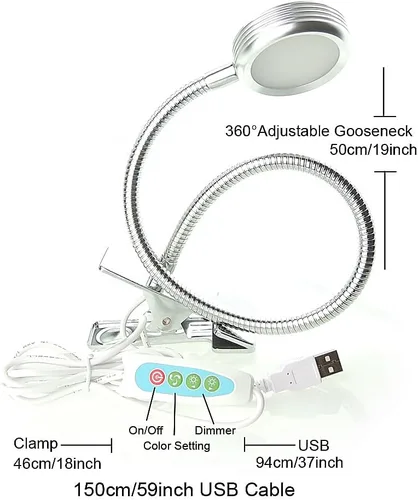 Vista 2 de QUANS Lámpara de escritorio LED de cuello de cisne con abrazadera regulable, 3 luces de lectura intercambiables de color, luz nocturna