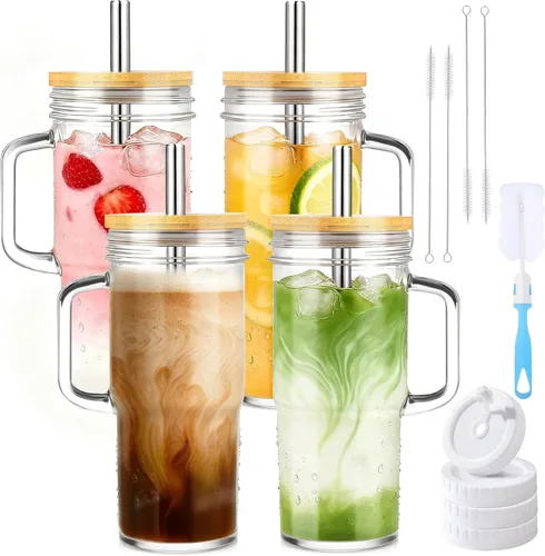Vista 10 de Birity Vasos de vidrio de 16 onzas con tapas y popotes, vaso de vidrio con popote y tapa, tazas de café helado reutilizables para té, jugo