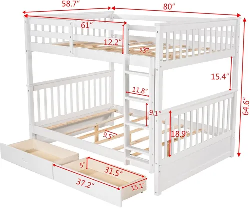 Vista 2 de Literas de tamaño matrimonial sobre matrimonial, marco de cama de madera, marco de cama de plataforma blanco completo, marco de cama de madera