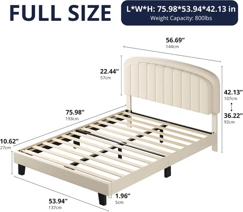 Vista 2 de Cozy Castle Base de cama tamaño Full, plataforma tapizada con cabecera curvada ajustable de terciopelo, base de colchón con listones de madera Crema