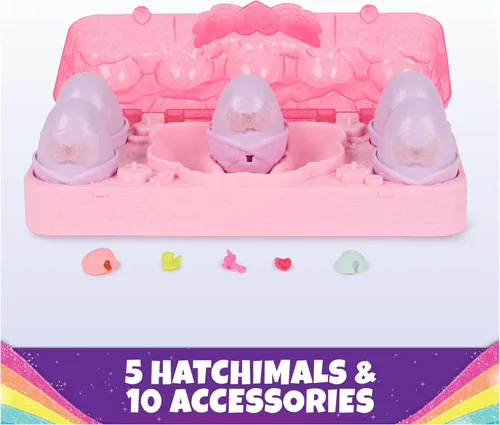 Vista 4 de Hatchimals Alive, Rainbow Splash Cartón de Huevos, 5 Mini Figuras en Huevos de Revelación de Color y 10 Accesorios, Regalos y Rellenos de Media