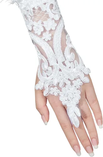 Vista 3 de Komorebi Guantes largos de encaje con plumas de Halloween para mujer, guantes de encaje para disfraz de bruja, guantes de codo de malla