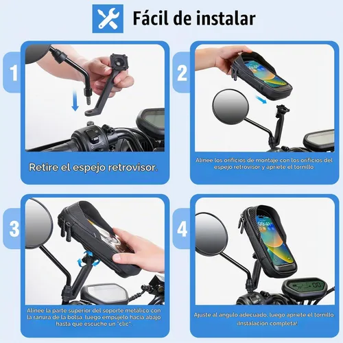 Vista 7 de Soporte de teléfono impermeable para motocicleta, rotación de 360°, espejo retrovisor de motocicleta, soporte para teléfono celular de gran