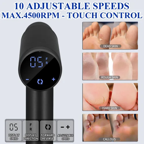 Vista 3 de Removedor de callos eléctrico mejorado para pies, 4500 rpm, velocidad ajustable, removedor eléctrico de callos de pies, lijadora de pies, lima