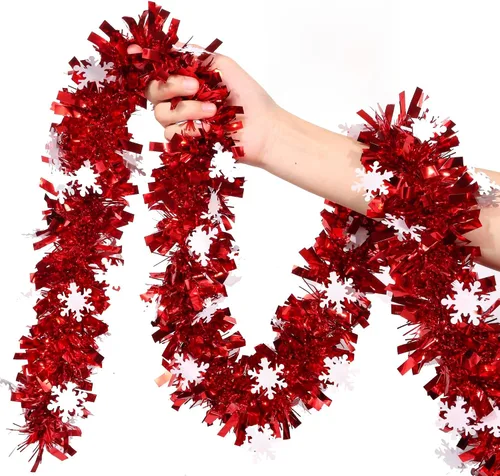 Vista 8 de Guirnalda de Navidad de 50 pies de rojo y verde con adornos de hombre de jengibre, guirnalda metálica gruesa y brillante para árbol, chimenea