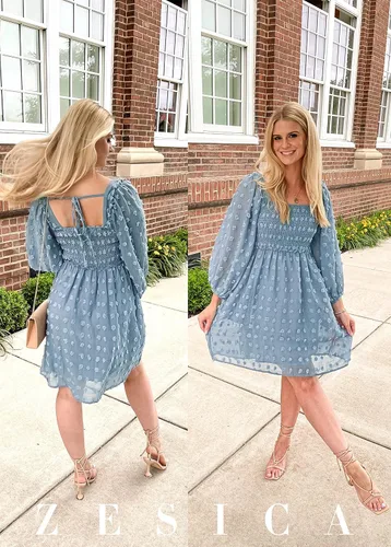 Vista 8 de ZESICA Vestido corto de verano para mujer, manga larga, cuello cuadrado, lunares suizos, fluido, acampanado, fruncido, babydoll