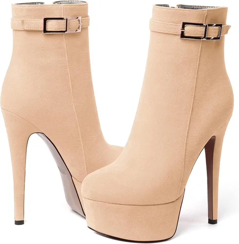 Vista 6 de SKYSTERRY Botas altas de tacón alto de gamuza con cremallera y puntera redonda para mujer, 6 pulgadas