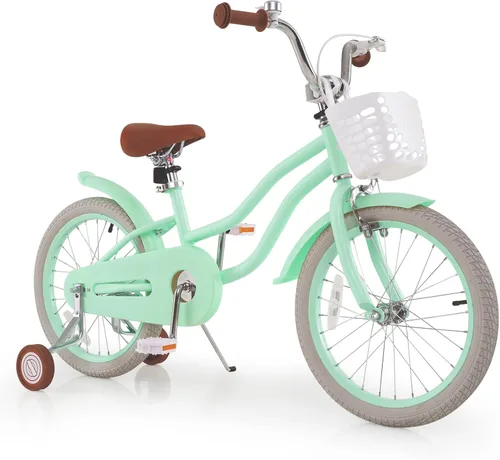 Vista 25 de COSTWAY Bicicleta para niños de 12, 14, 16, 18 pulgadas, bicicleta para niños con ruedas de entrenamiento, frenos de mano y posavasos, sillín