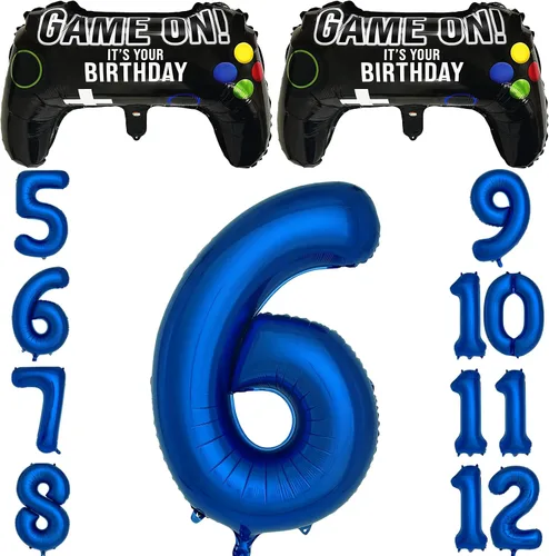 Vista 7 de Suministros de fiesta de videojuegos azul marino para decoración de fiesta de 5º cumpleaños para niños, 2 paquetes de globos de juego con globo azul
