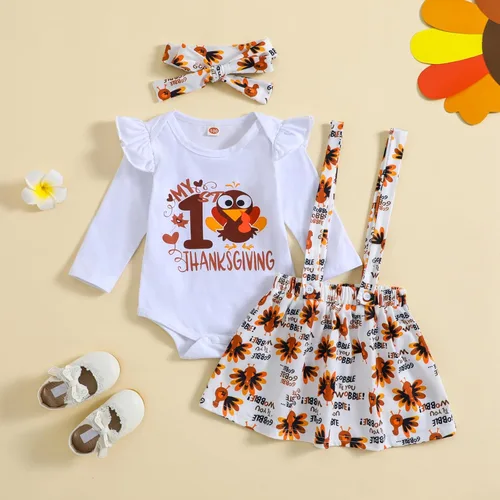 Vista 2 de Ovmxqso My First Thanksgiving Baby Girl Outfits - Mameluco de manga larga con tirantes, falda de pavo y diadema con lazo