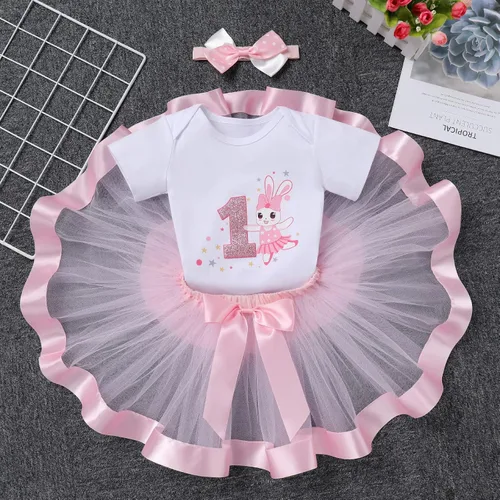 Vista 2 de IBTOM CASTLE Kids Bunny 1st Birthday Cake Smash Outfit for Baby Girl Princess Romper & Tutu Skirt & Headband 3PCS Photo Prop