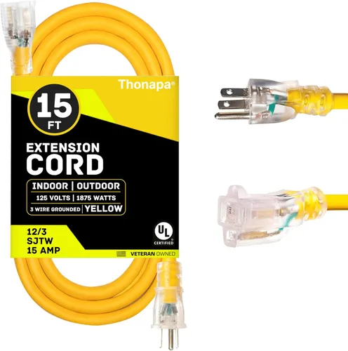 Vista 6 de Thonapa Cable de extensión de calibre 12 de 6 pies para exteriores, resistente 12/3, extremo iluminado SJTW Cable negro, 3 clavijas, enchufe a