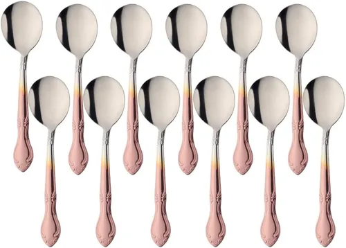 Vista 36 de Cucharas de sopa, cucharas redondas de acero inoxidable para caldo con borde de flor, juego de 12 piezas de acero inoxidable para café, azúcar