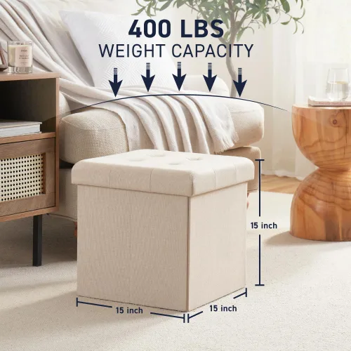Vista 3 de Ornavo Home Otomana plegable de almacenamiento de 15 pulgadas, taburete cuadrado pequeño de almacenamiento, banco de dormitorio, color beige