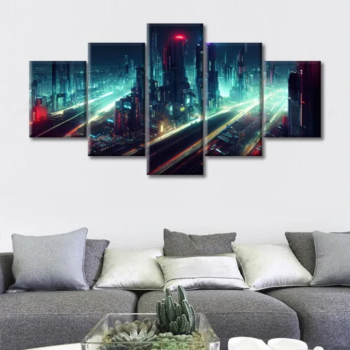 Vista 18 de Cuadros de 5 paneles de Cyberpunk City, arte de pared, representación de vallas publicitarias, edificios modernos en la capital con obras de arte