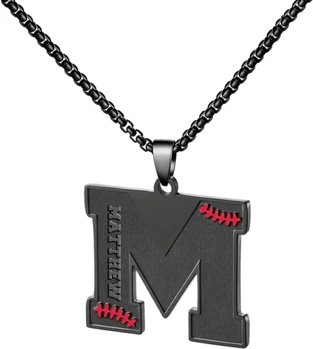 Vista 52 de Ldurian Collar personalizado con nombre de béisbol, cadena negra de acero inoxidable, collar con nombre deportivo, letra A-Z de 24 pulgadas, regalos
