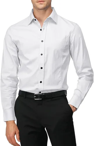 Vista 25 de H2H Camisas de vestir ajustadas para hombre, elásticas, de manga larga, básicas, formales, lisas, informales, para negocios, camisas con botones