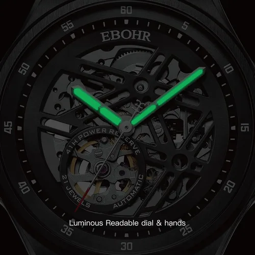 Vista 5 de Men's Unique Personality Watch 21Jewell Mechanical Black Luminous Hands Skeleton Design with Large Black Dial Easy to Read Creative Watches