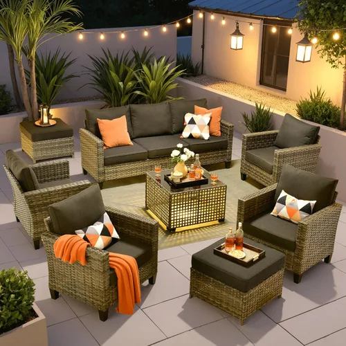 Vista 14 de ovios Juego de muebles de patio de 4 piezas con sofá de exterior, luces solares, mesa, cojines cómodos, sofá de conversación de mimbre de ratán