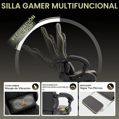Vista 4 de Dowinx - Silla de juegos grande y alta, 350 libras con reposapiés lumbar de masaje Negro