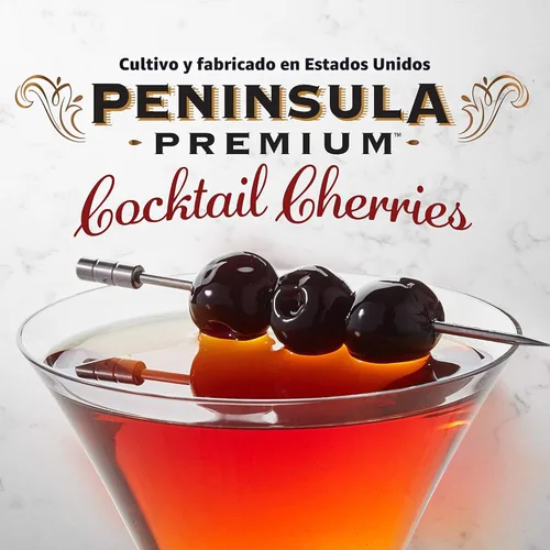 Vista 5 de Cerezas de cóctel Península Premium. Ganador de premios. Rojo borgoña intenso. Suave como la seda, rico jarabe. Lujoso sabor afrutado y agridulce.