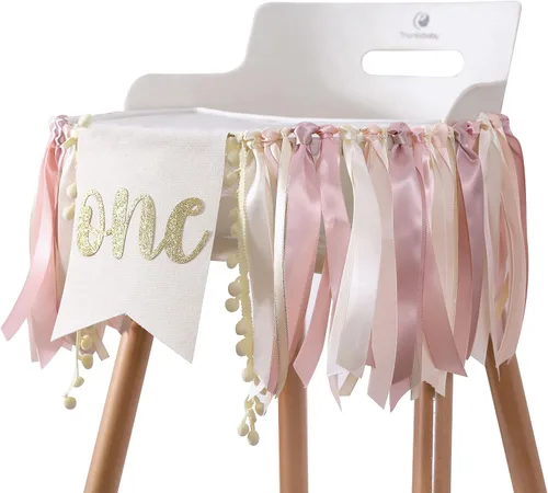 Vista 9 de Cartel de oro rosa para silla de bebé, decoración de fiesta de cumpleaños rosa, pancarta dorada para silla de alta para niña de primer cumpleaños