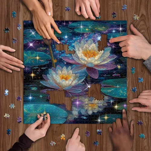 Vista 6 de Rompecabezas de flores de loto de ensueño para adultos, 1000 piezas, rompecabezas artístico de lirio de agua de fantasía con estrellas brillantes
