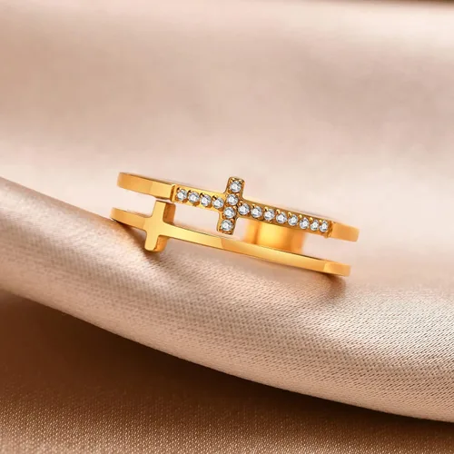 Vista 5 de VNOX Fashion - Anillo de acero inoxidable chapado en oro de 18 quilates con doble cheurón para mujer